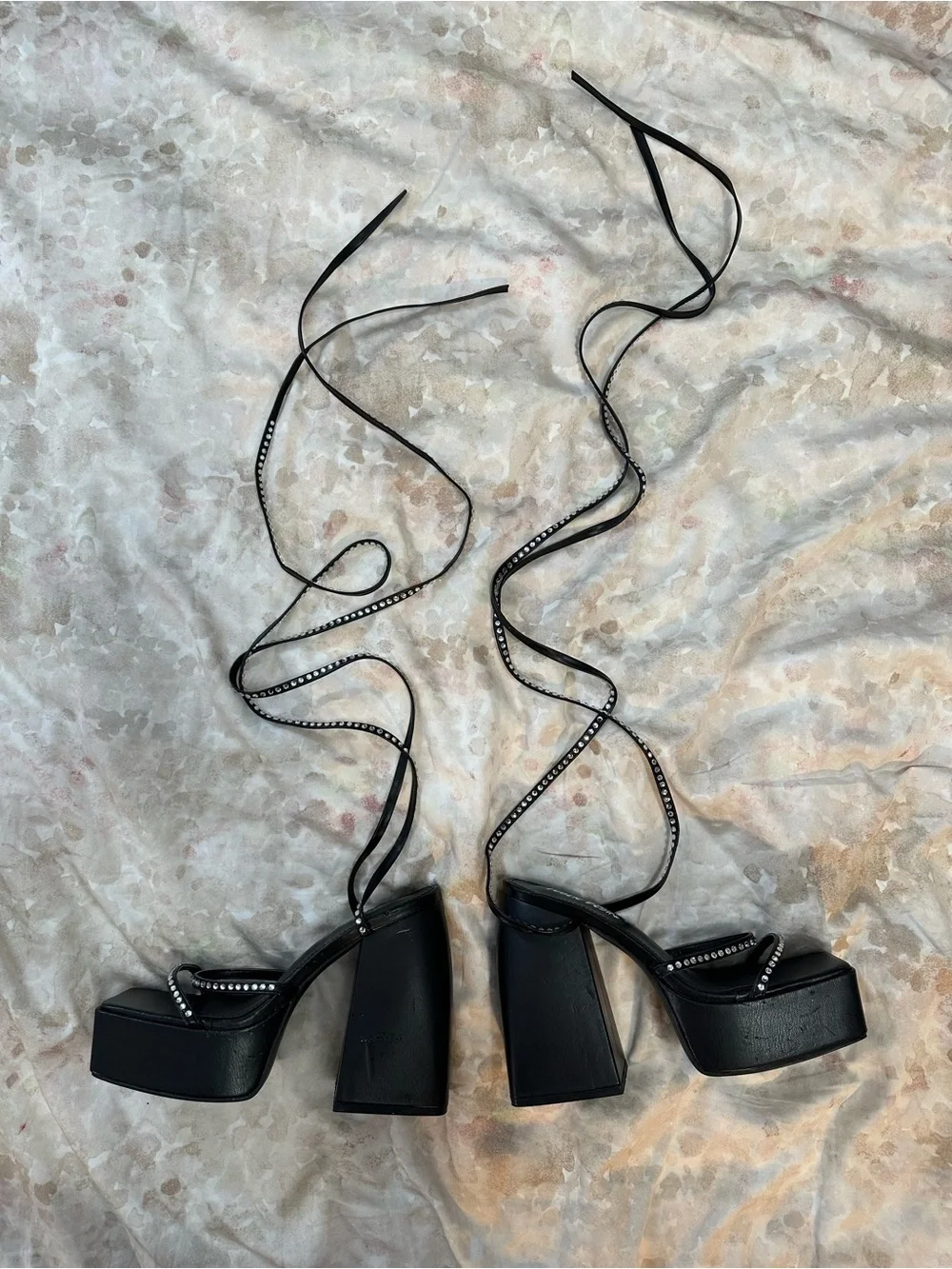 Black Platform Lace-Up Heeled Sandals with Rhinestone Straps